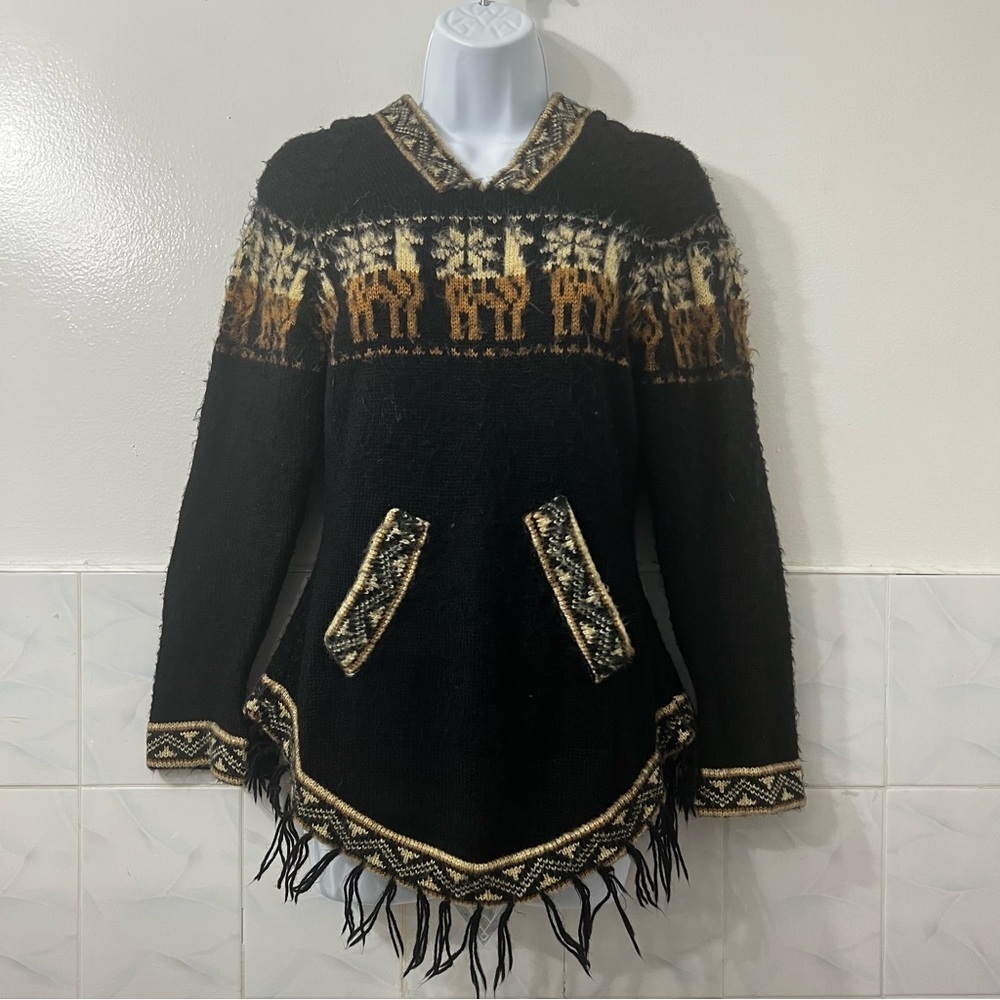Women’s Alpaca Hoodie Sweater Size S Black Multicolor Aztec Fringe Southwestern